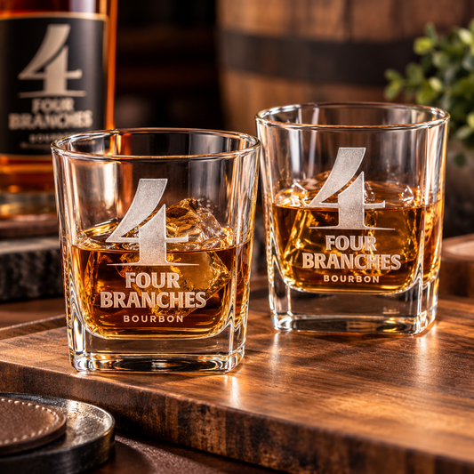 Four Branches Bourbon Set of Two Engraved Rocks Glasses